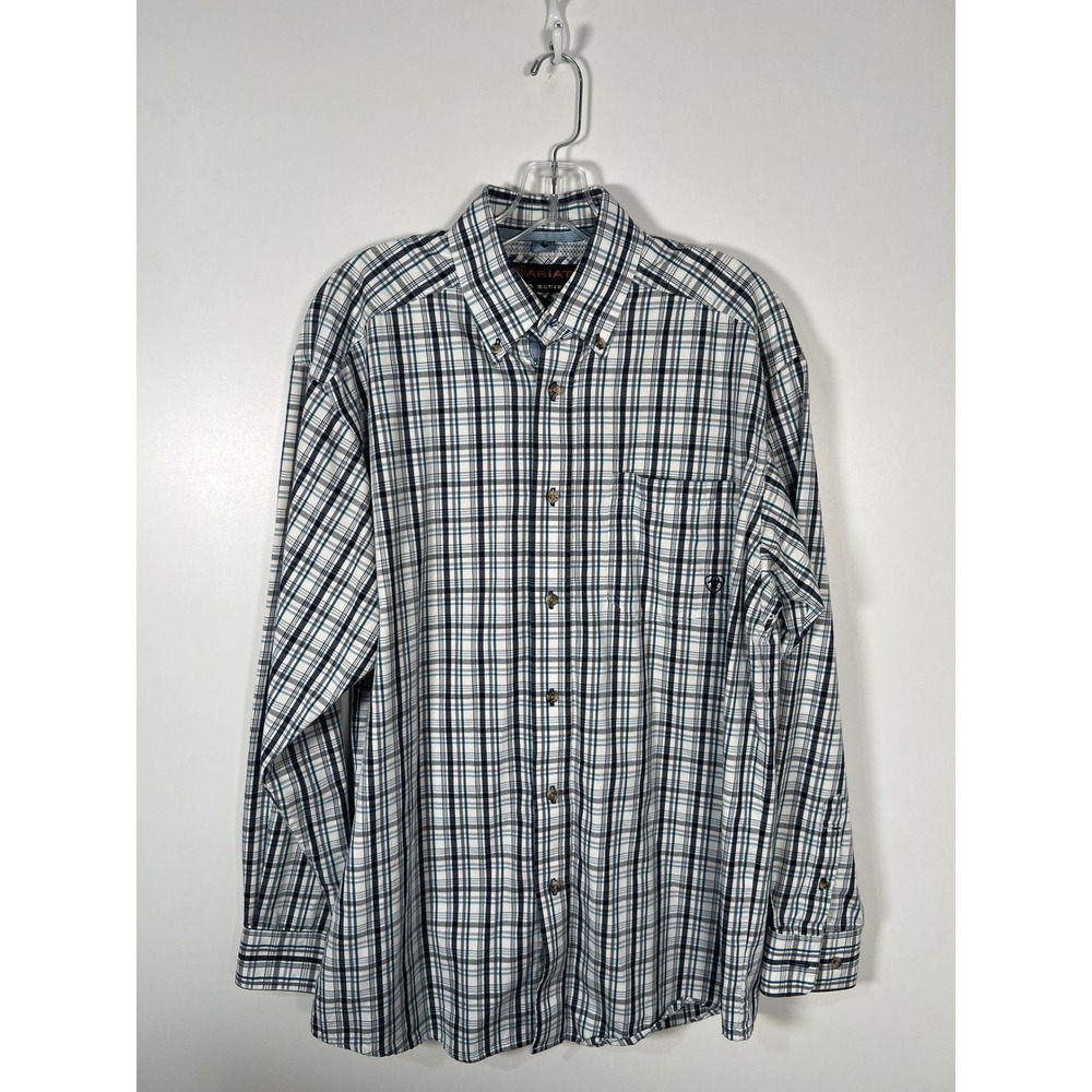 Ariat Pro Series Mens Plaid Button Down Shirt White Blue Western Workwear Size M